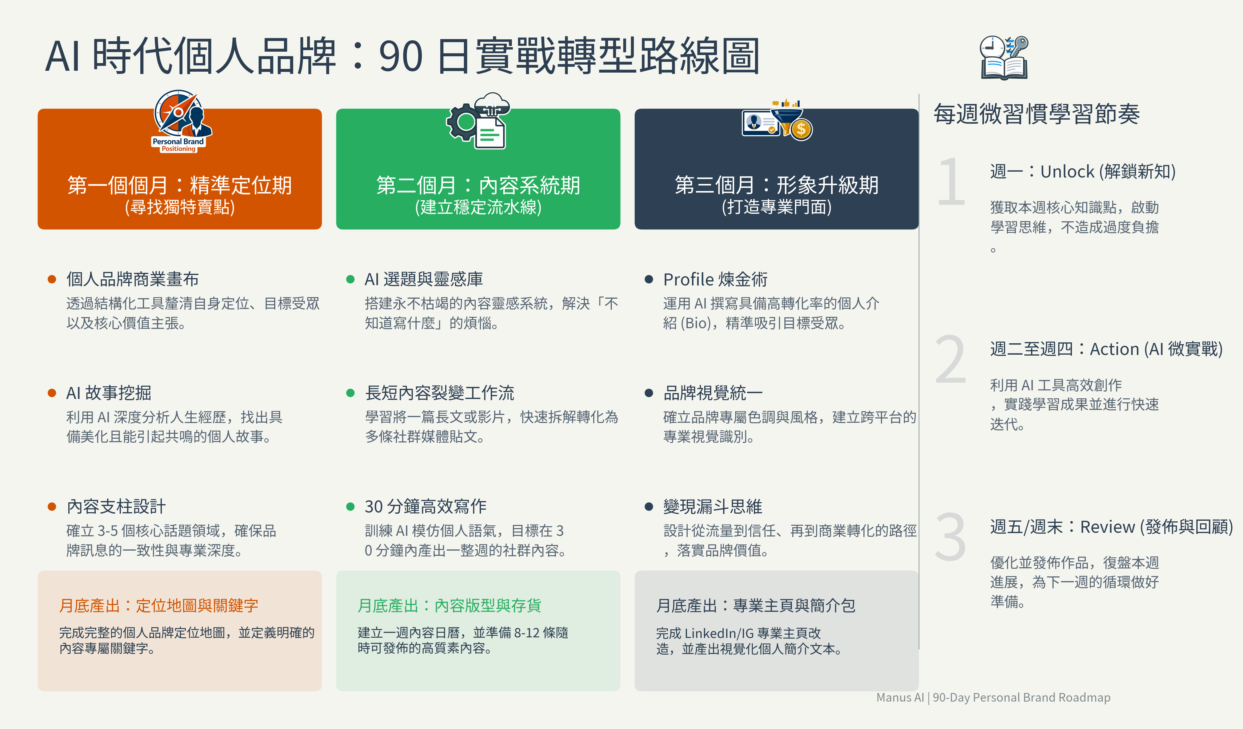 AI 時代個人品牌：90 日實戰轉型路線圖 — 第一個月精準定位期、第二個月內容系統期、第三個月形象升級期